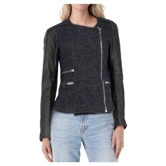 Maje Black Tweed Leather Sleeve Moto Zip Jacket FR 38 US 6 Chic Parisian Style - Picture 2 of 12